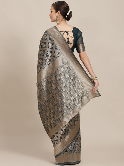 Women's Cotton Blend Teal blue Woven Design Designer Saree With Blouse Piece