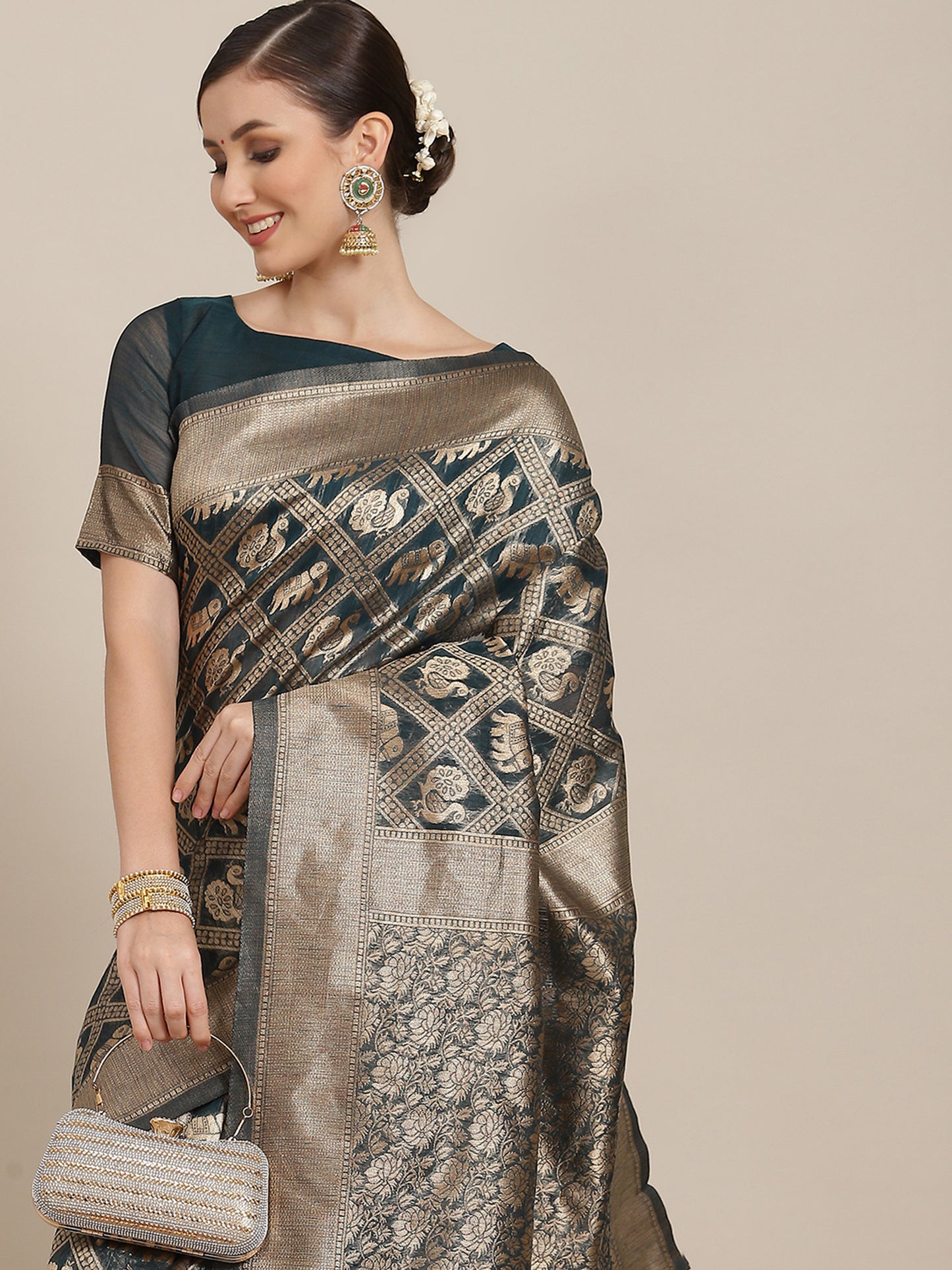 Women's Cotton Blend Teal blue Woven Design Designer Saree With Blouse Piece