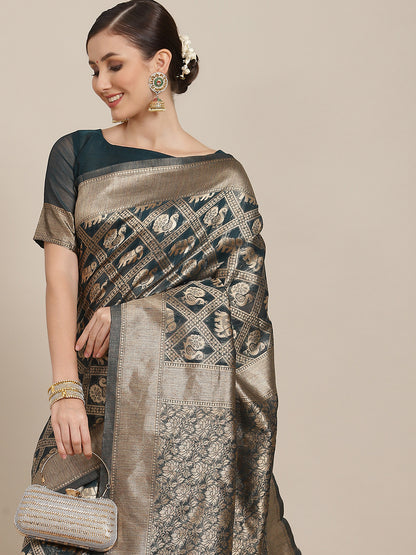 Women's Cotton Blend Teal blue Woven Design Designer Saree With Blouse Piece