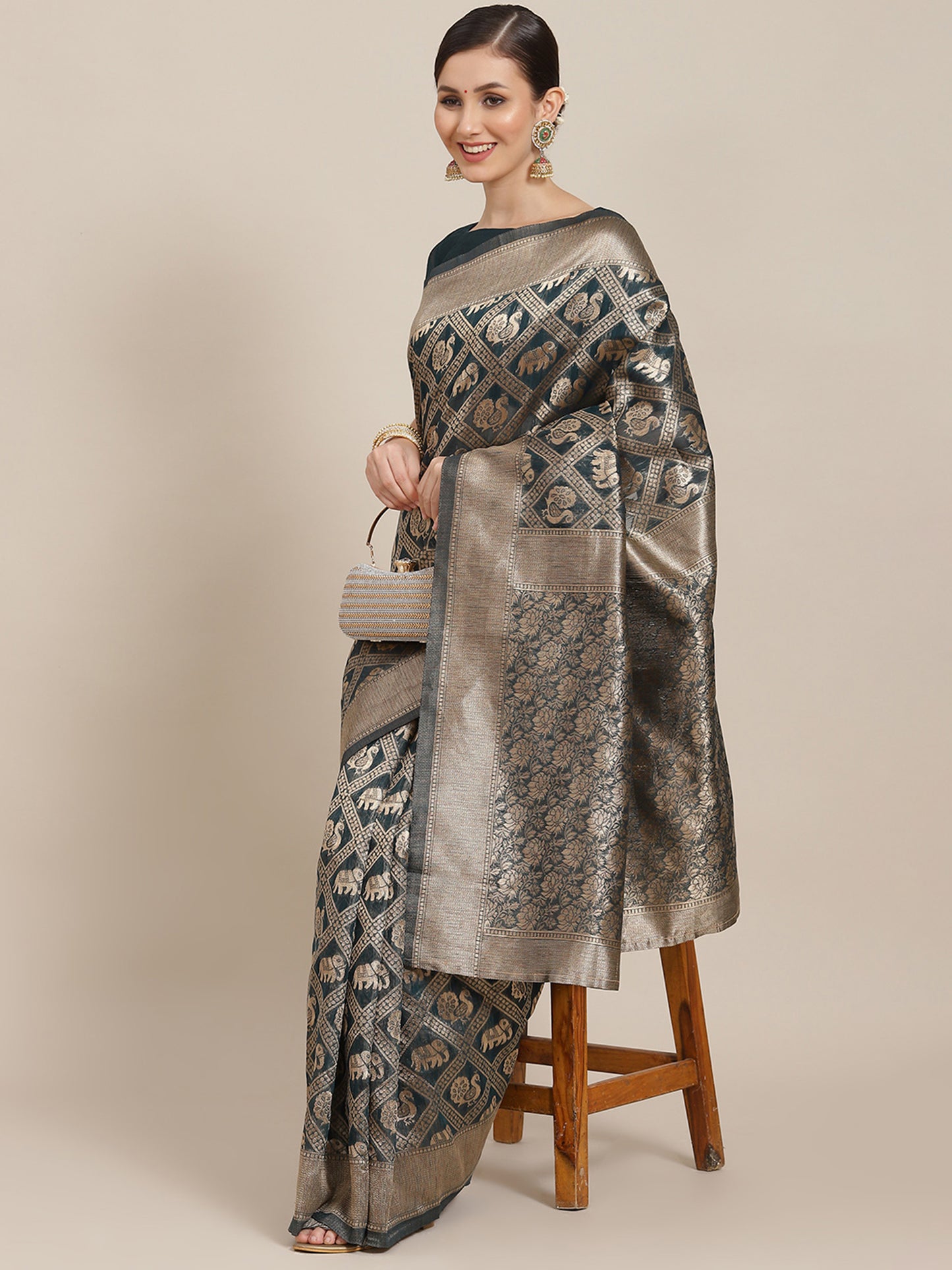 Women's Cotton Blend Teal blue Woven Design Designer Saree With Blouse Piece