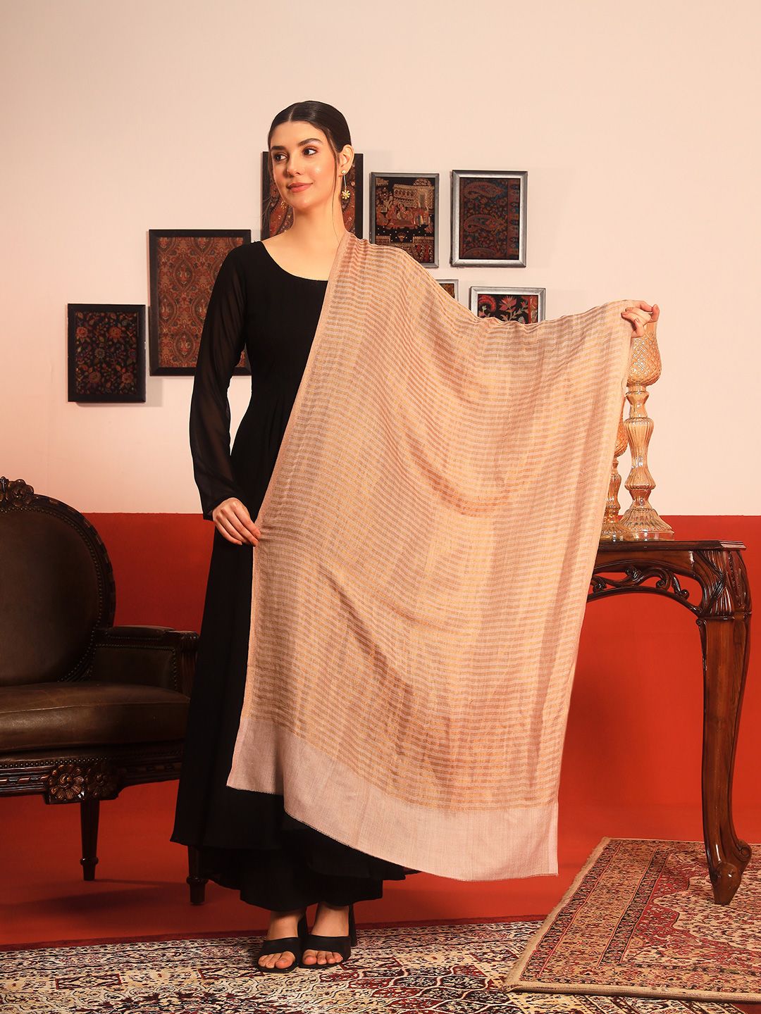 Dhiyona PA Striped Woven Design Woollen Reversible Shawl