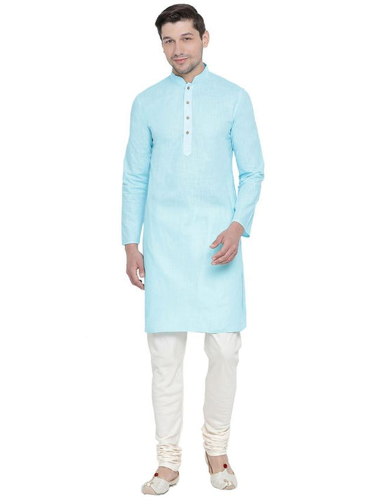 Men's Light Blue Cotton Linen Straight Kurta Pyjama Set