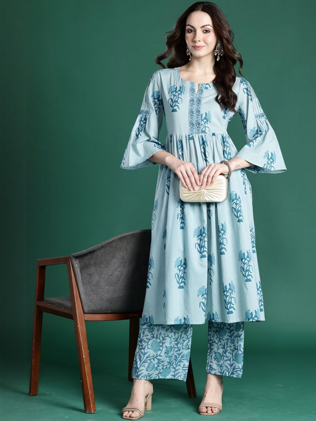 Women Floral Printed Empire Thread Work Pure Cotton Kurta with Palazzos