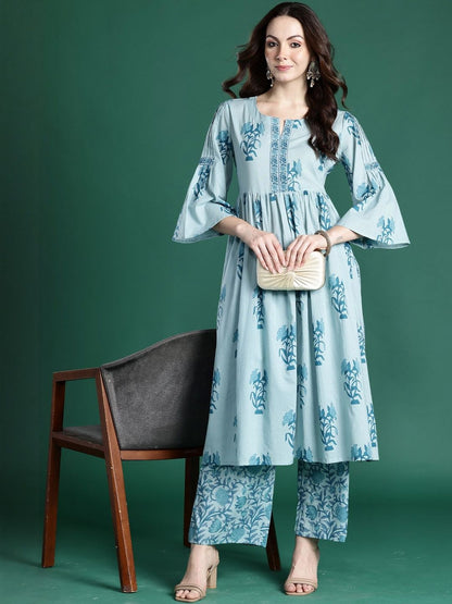 Women Floral Printed Empire Thread Work Pure Cotton Kurta with Palazzos