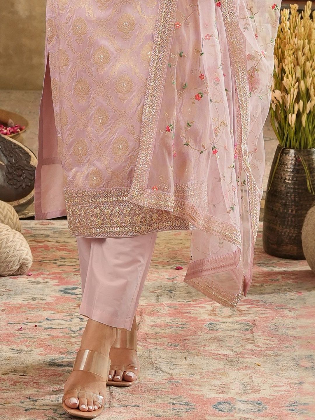 Ethnic Motifs Woven Design Zari Straight Kurta With Trousers & Dupatta