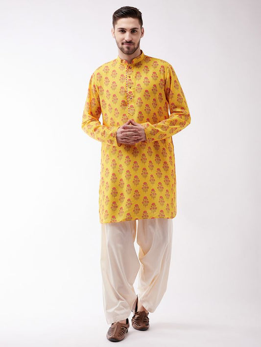 Men's MulticolorBaseMustard Muslin Pathani Kurta and Patiala Set