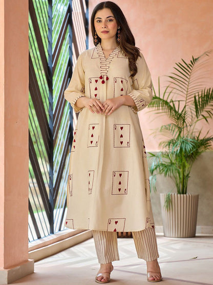 Geometric Printed Screen Technique Thread Work Kurta With Trousers