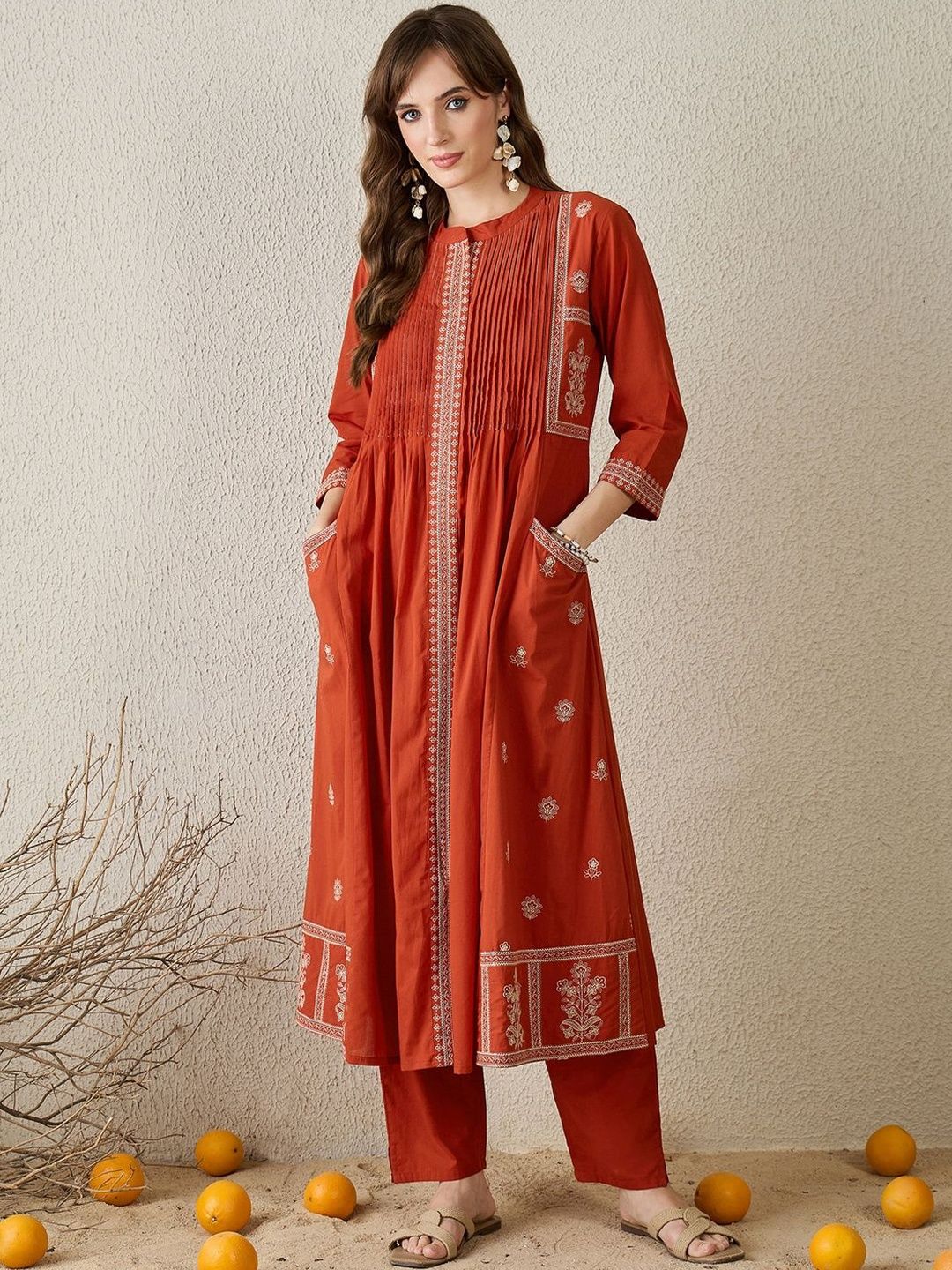 Dhiyona IE Women Ethnic Motifs Embroidered A-Line Cotton Kurta With Trousers