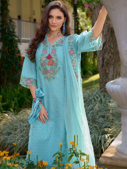 Women Floral Embroidered Regular Thread Work Pure Cotton Kurta with Trousers & With Dupatta
