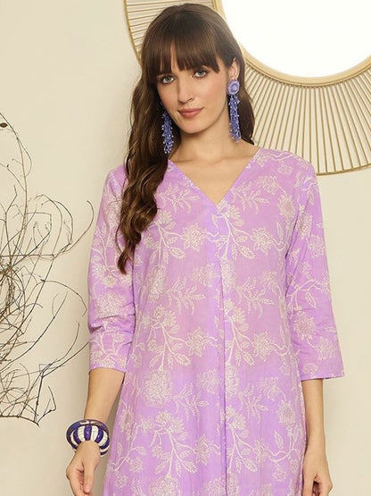 Floral Printed V-Neck A-Line Pure Cotton Kurta with Trousers