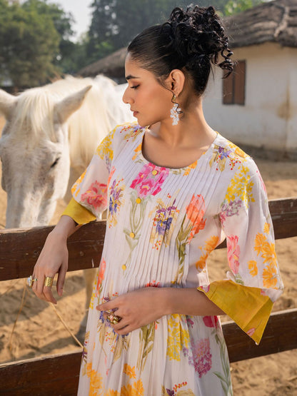 Dhiyona IE Floral Printed Pleated Pure Cotton A-Line Kurta With Trousers