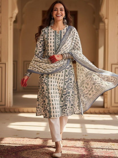 Ethnic Motifs Printed Pure Cotton Kurta With Trousers & Dupatta