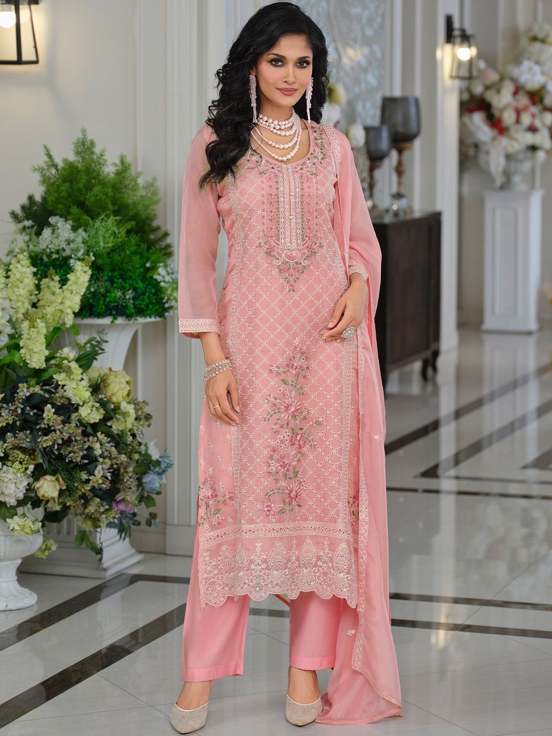 Floral Yoke Design Thread Work Organza Straight Kurta & Trousers With Dupatta