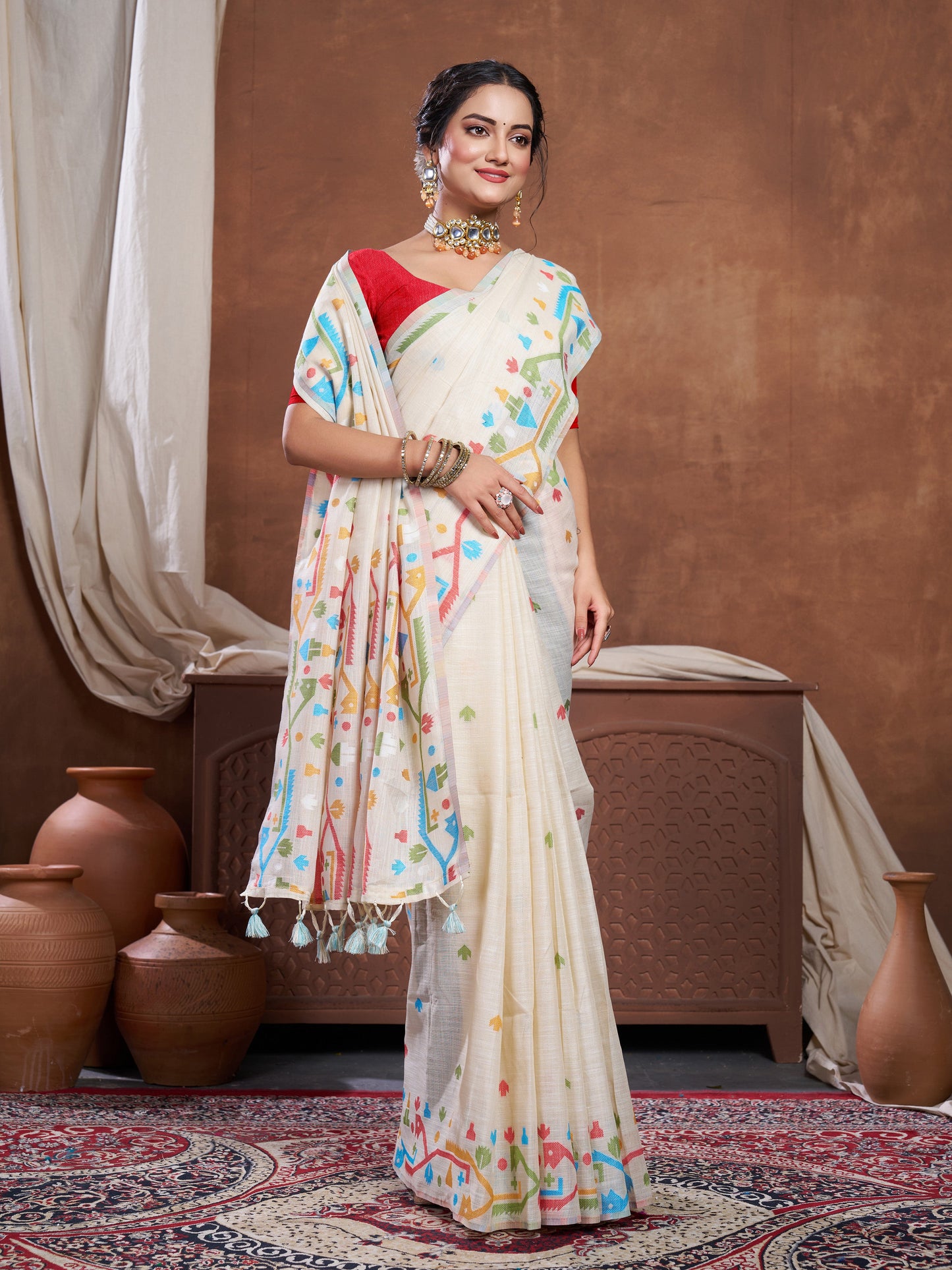 Dhiyona GR Women's Ekaya Cream Linen Jamdani Saree
