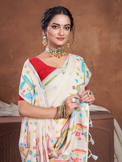 Dhiyona GR Women's Ekaya Cream Linen Jamdani Saree