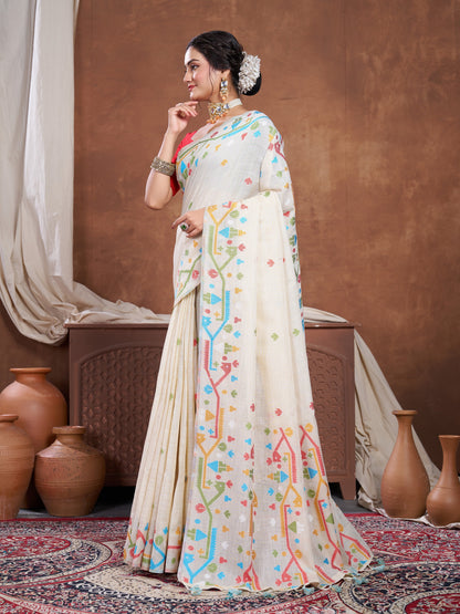 Dhiyona GR Women's Ekaya Cream Linen Jamdani Saree
