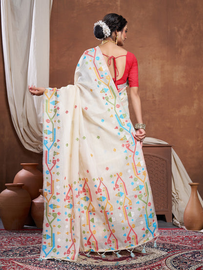 Dhiyona GR Women's Ekaya Cream Linen Jamdani Saree