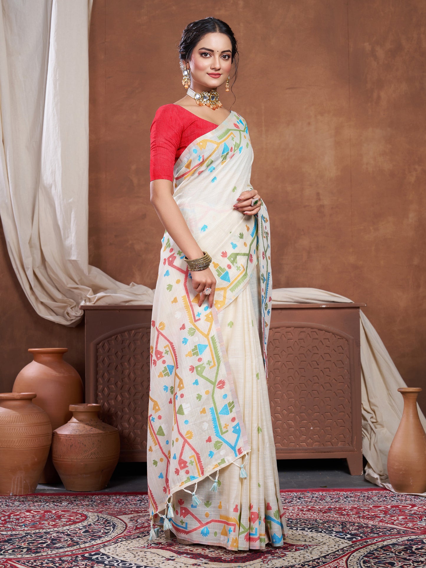 Dhiyona GR Women's Ekaya Cream Linen Jamdani Saree