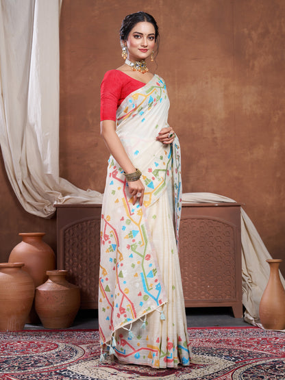 Dhiyona GR Women's Ekaya Cream Linen Jamdani Saree