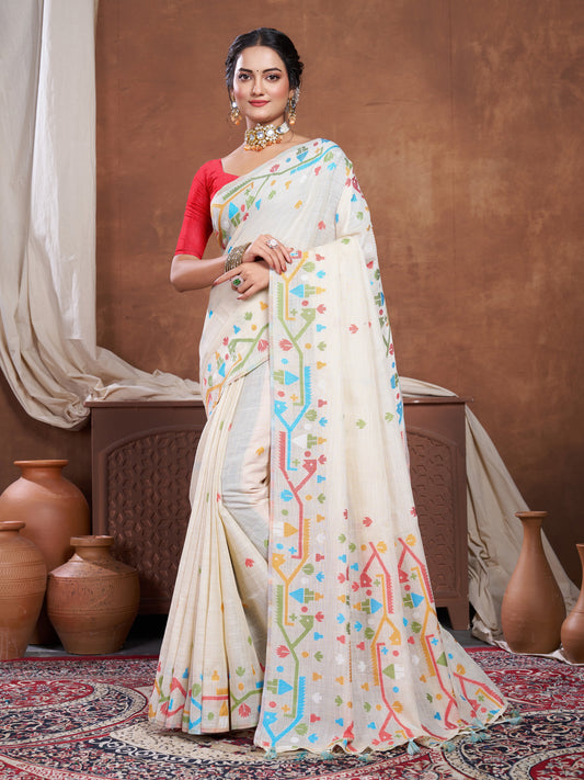 Dhiyona GR Women's Ekaya Cream Linen Jamdani Saree