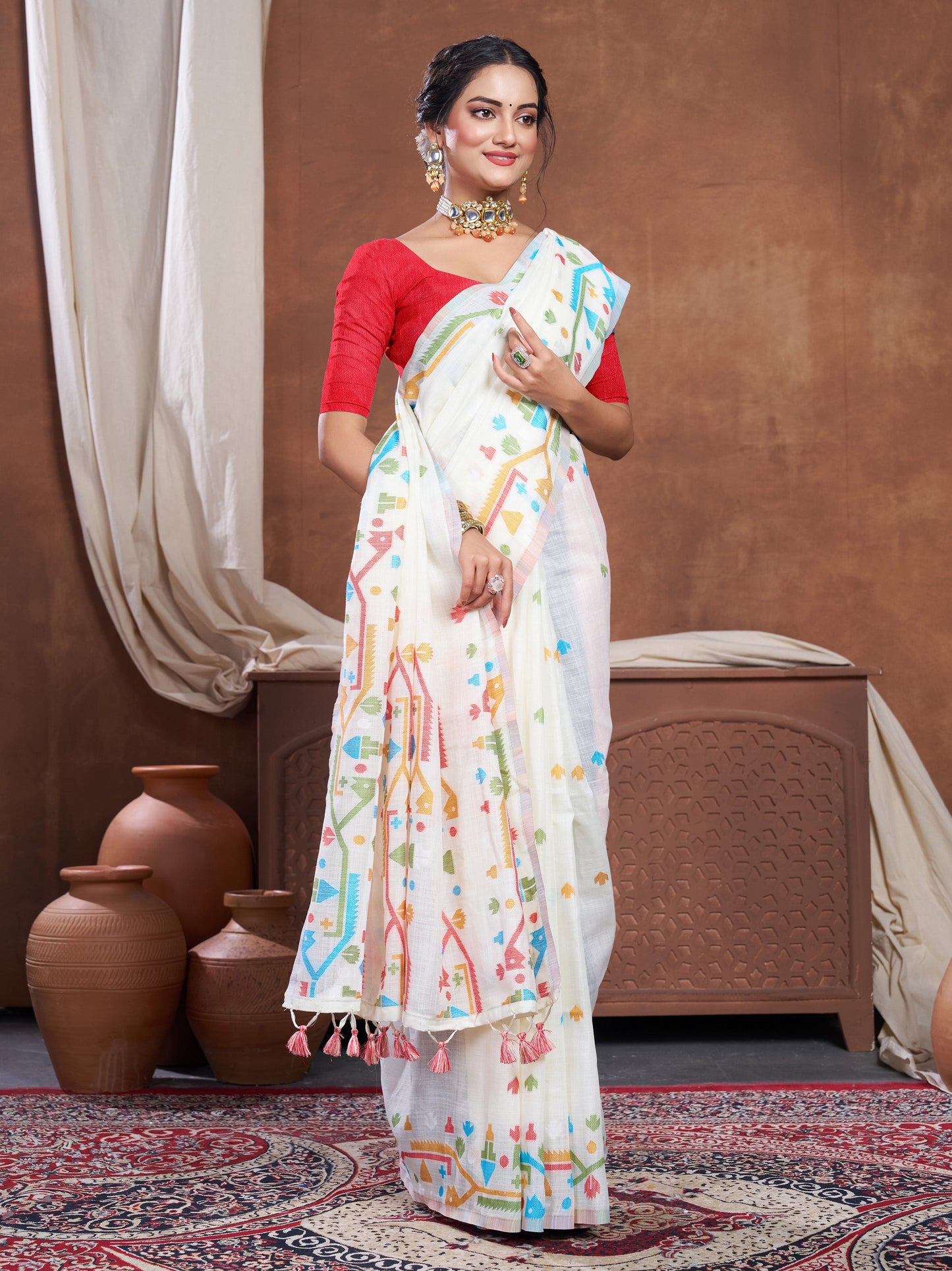 Dhiyona GR Women's Ekaya White Linen Jamdani Saree