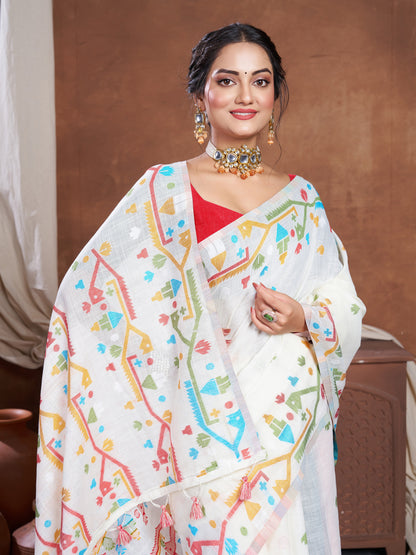 Dhiyona GR Women's Ekaya White Linen Jamdani Saree