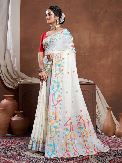 Dhiyona GR Women's Ekaya White Linen Jamdani Saree