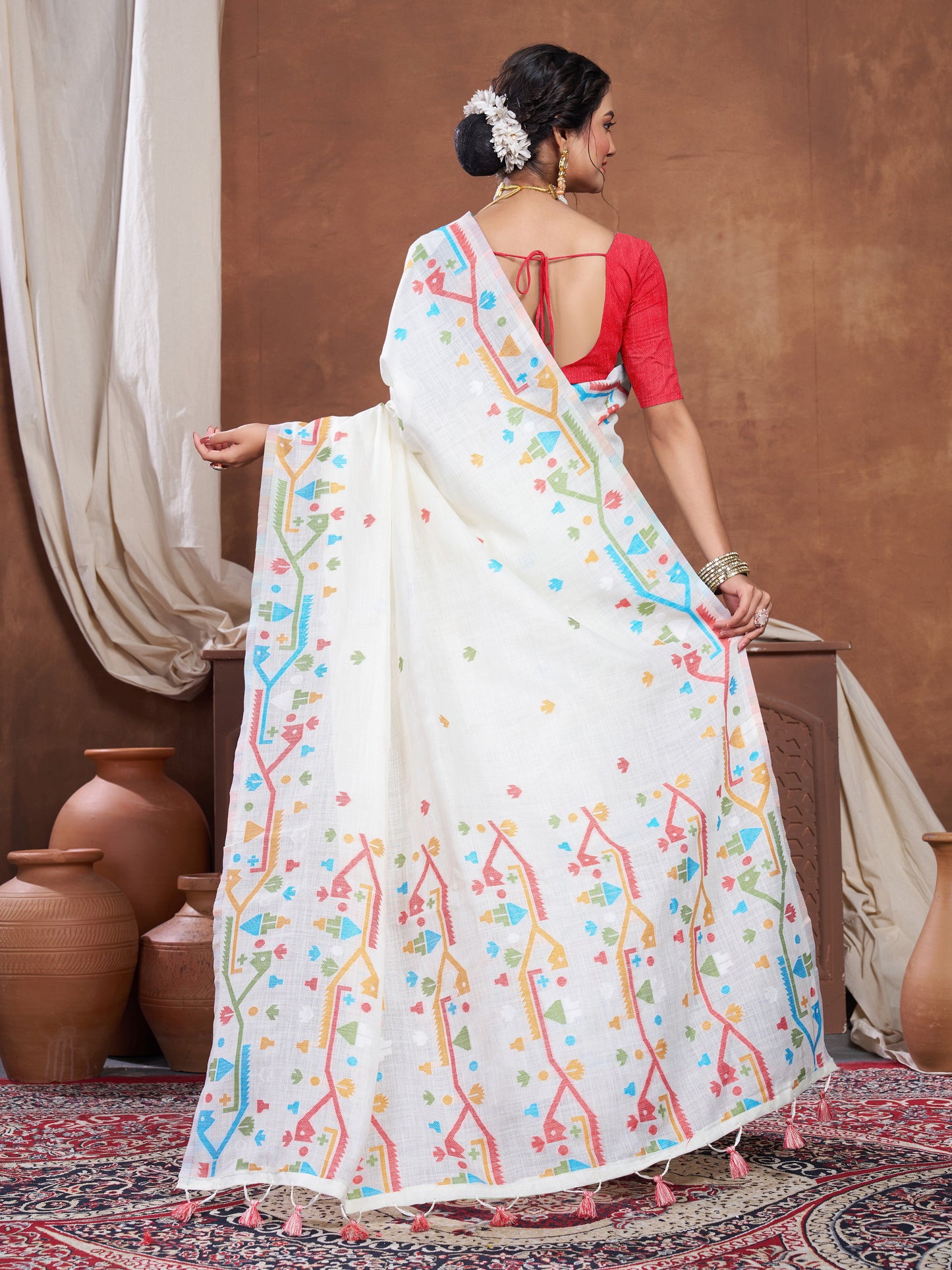 Dhiyona GR Women's Ekaya White Linen Jamdani Saree