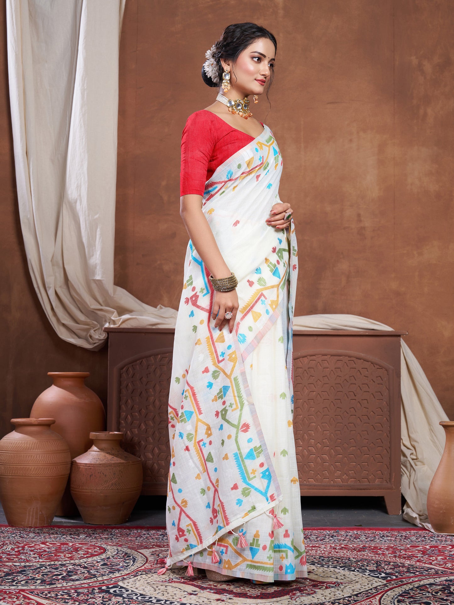 Dhiyona GR Women's Ekaya White Linen Jamdani Saree