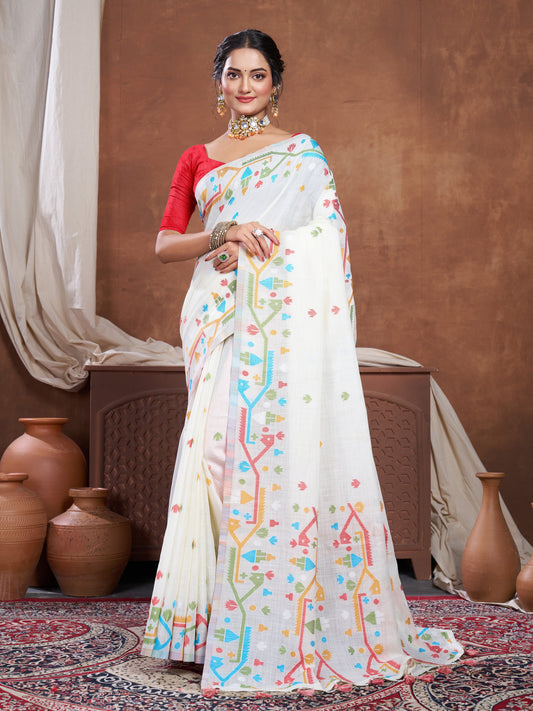 Dhiyona GR Women's Ekaya White Linen Jamdani Saree