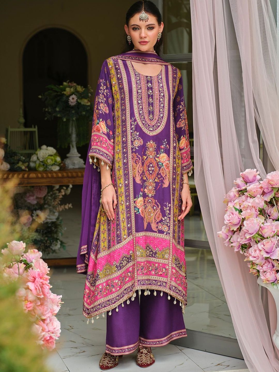 Ethnic Motifs Printed Regular Mirror Work A-Line Kurta With Palazzos & Dupatta