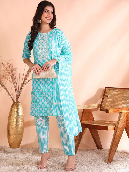 Dhiyona OD  Thread Work Pure Cotton Straight Kurta with Trousers & Dupatta