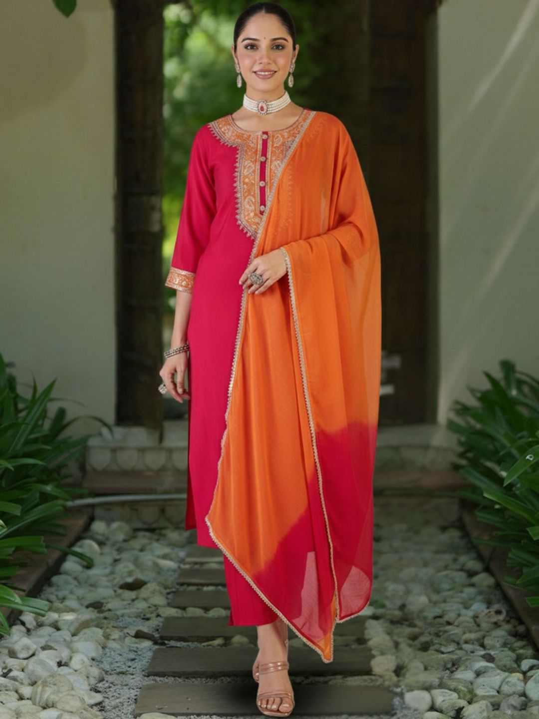 Women Ethnic Motifs Embroidered Regular Thread Work Kurta with Trousers & With Dupatta