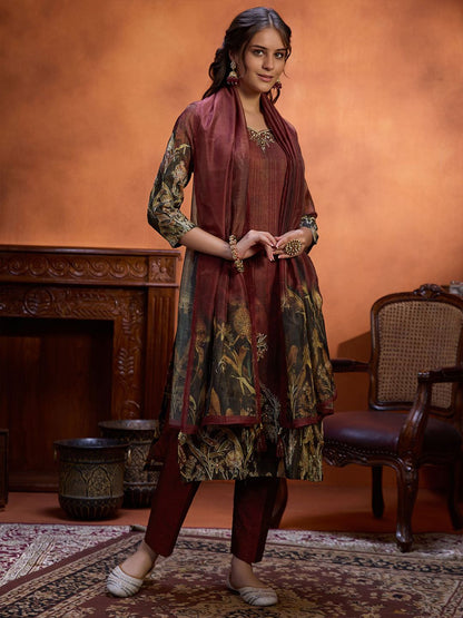 Dhiyona WP Floral Digital Printed Beads and Stones Jacquard Kurta with Trousers & Dupatta