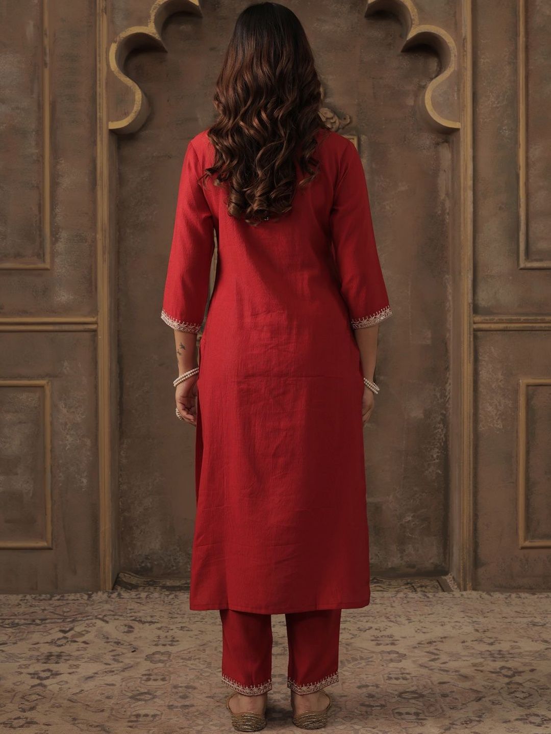 Ethnic Motifs Embroidered V-Neck Straight Kurta With Trousers & Dupatta