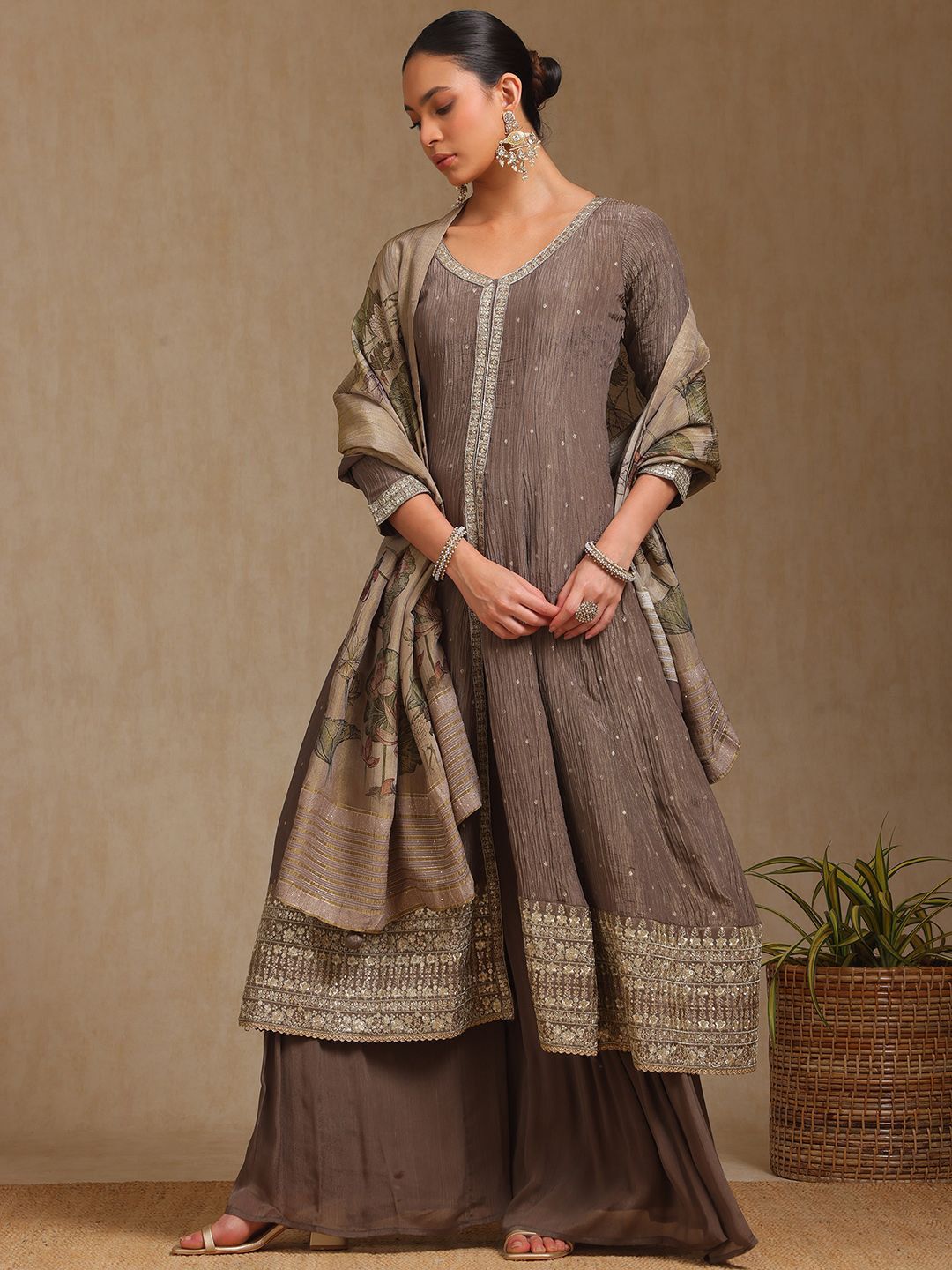 Dhiyona SO Women's Women Alina Cut Regular Sequinned Kurta with Palazzos & With Dupatta
