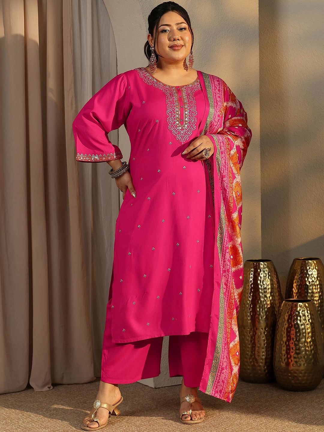 Dhiyona Women's Plus Size Ethnic Motifs Embroidered Kurta with Palazzo & Dupatta