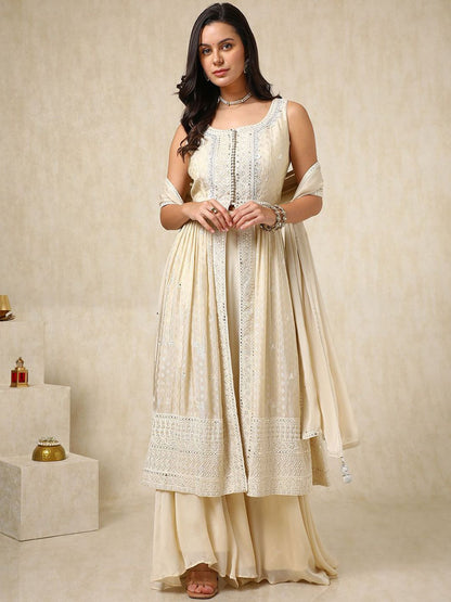 Dhiyona SO Women's Alina Cut Ethnic Motifs Embroidered Sequinned Anarkali Kurta with Palazzos & Dupatta