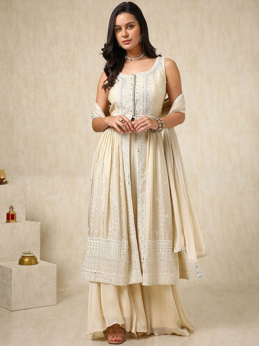 Dhiyona SO Women's Alina Cut Ethnic Motifs Embroidered Sequinned Anarkali Kurta with Palazzos & Dupatta