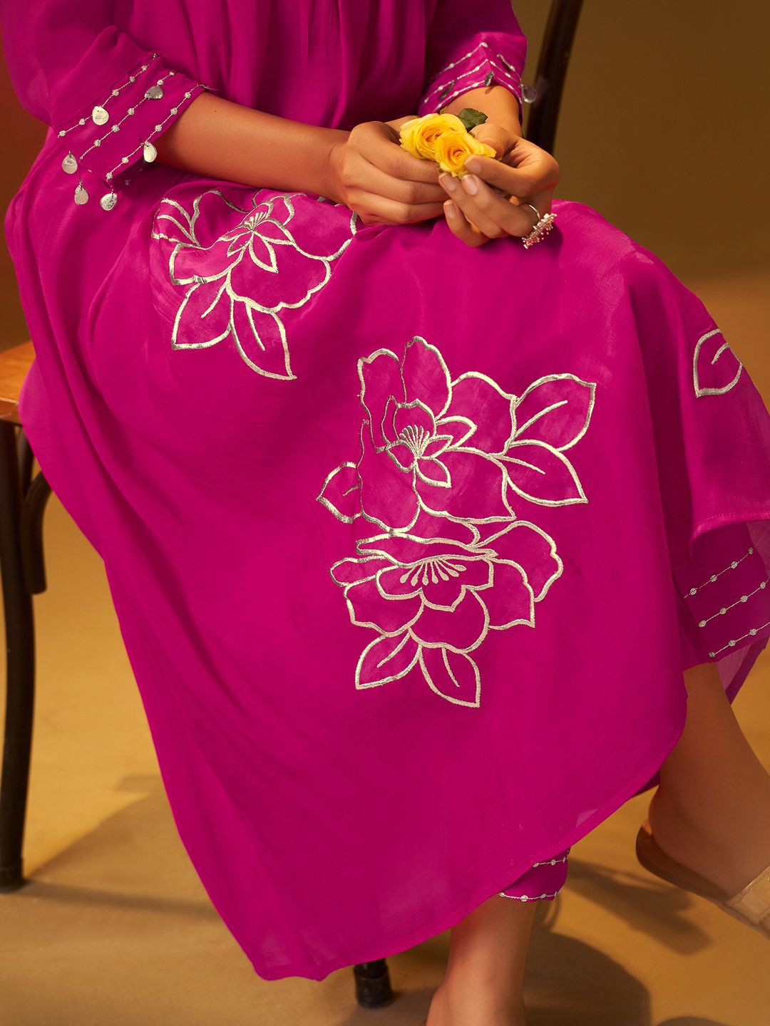 Floral Printed A-Line Mirror Work Kurta With Trouser