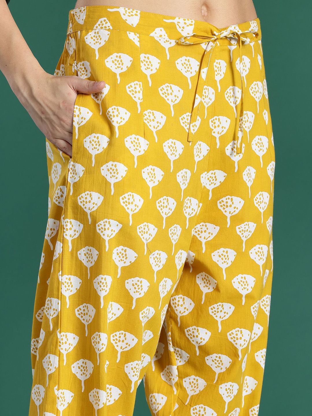 Floral Printed Mirror Work Pure Cotton Kurta With Trousers & Dupatta