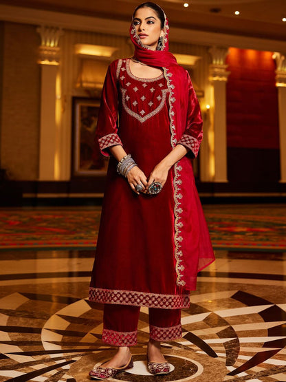 Floral Yoke Design Sequinned Velvet Straight Kurta With Trousers & Dupatta