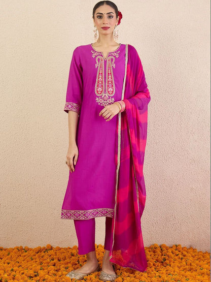 Women Ethnic Motifs Embroidered Regular Thread Work Kurta with Trousers & With Dupatta