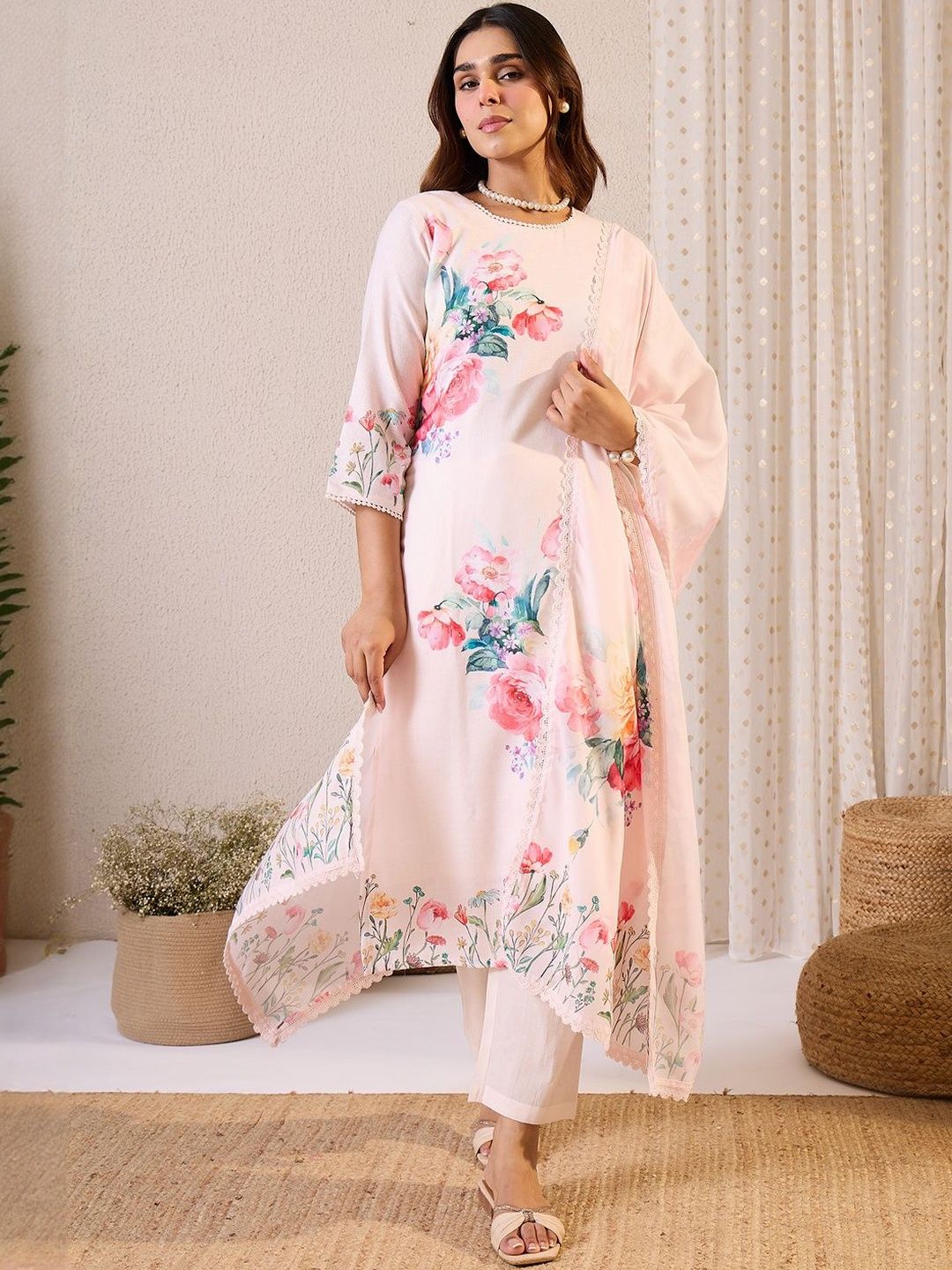 Floral Printed Round Neck Linen Straight Kurta & Trousers With Dupatta