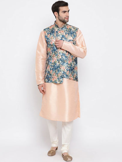 Men's Peach Cotton Silk Straight Jacket  Kurta and Pyjama Set
