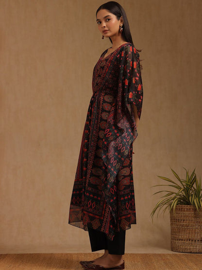 Dhiyona SO Women's Ethnic Motifs Printed Beads And Stones Kaftan Kurta With Trousers