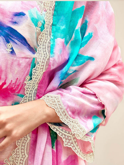 Dhiyona IE Women Floral Embroidered Regular Thread Work Kurta with Trousers & With Dupatta