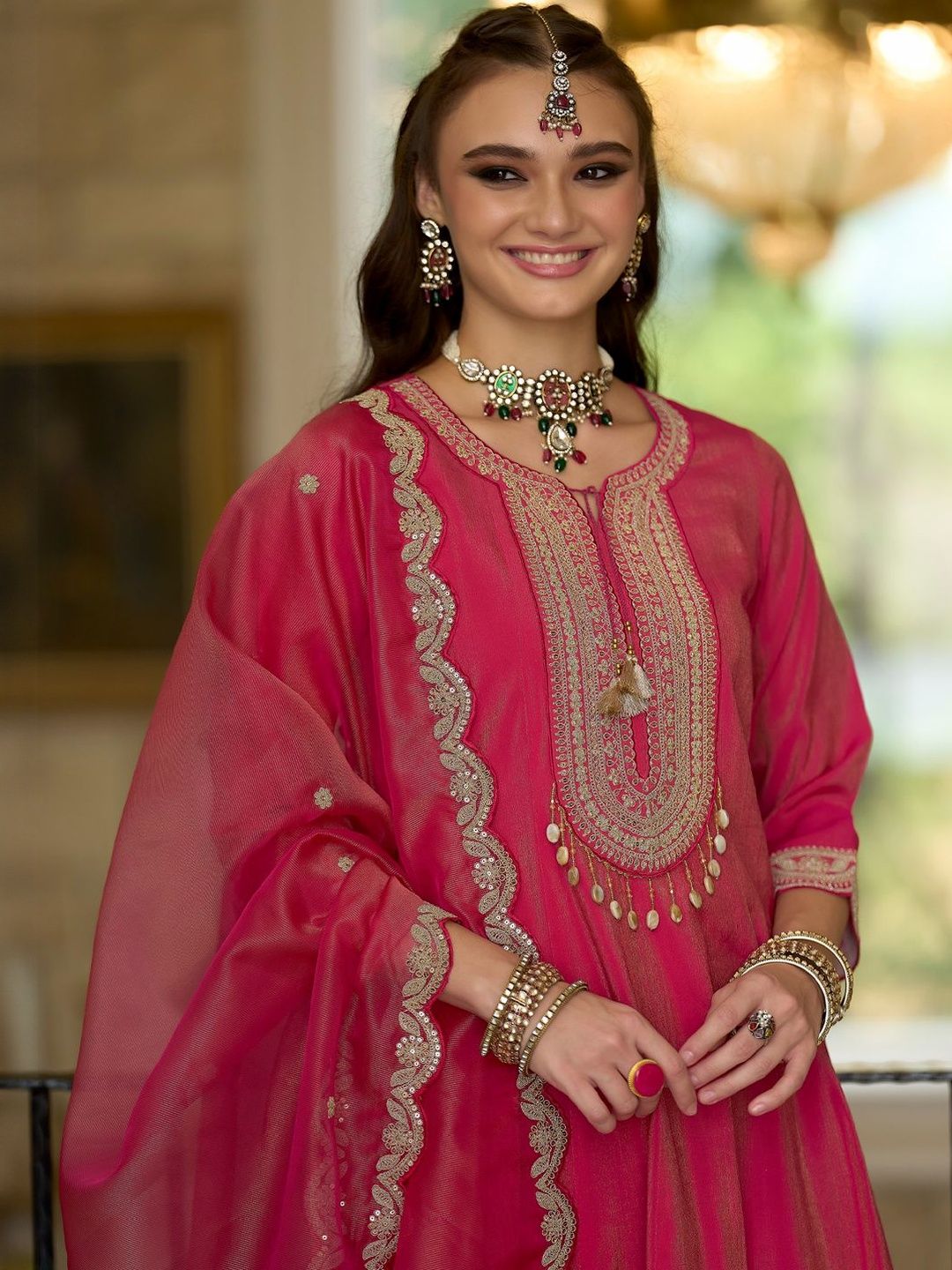 Dhiyona IE Ethnic Motifs Embroidered Notch Neck A-line Kurta With Trousers & Dupatta