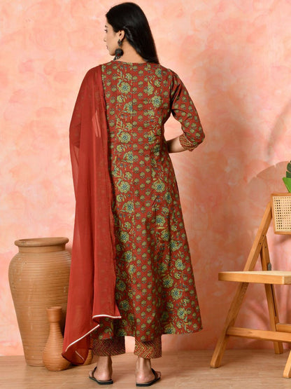 Dhiyona SN Women's Floral Printed Pure Cotton Round Neck Anarkali Kurta With Trouser And Dupatta