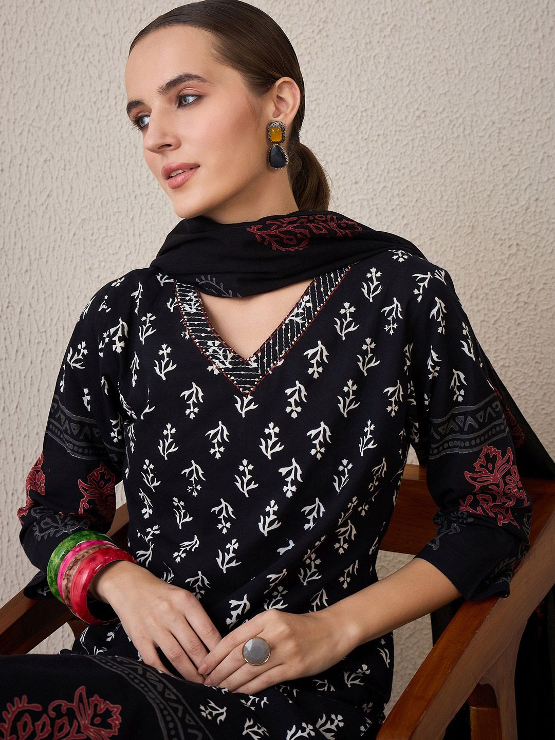 Floral Printed V-Neck Pure Cotton Straight Kurta With Trouser & Dupatta